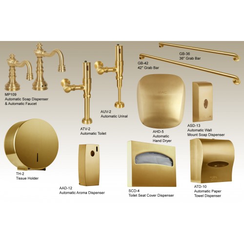 Automatic urinal & toilet flushers, soap dispenser, and faucet in Polished Gold