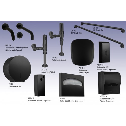 Automatic urinal & toilet flushers, soap dispenser, and faucet in Matte Black  finish