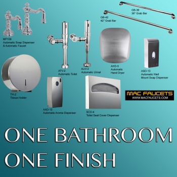 Automatic urinal, toilet flush valves, faucet and soap dispenser in Polished Chrome 