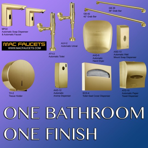 Automatic urinal, toilet flush valves, faucet and soap dispenser in Satin Brass